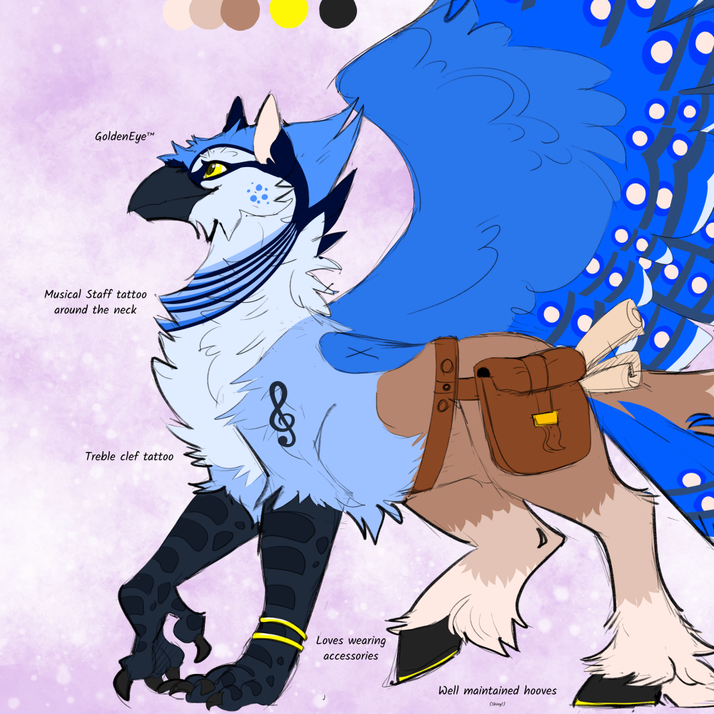 Reference sheet of Asterion, the blue jay/draft horse hippogryph, featuring a side view of the character. His design is themed around music. He has a musical staff as a bandana like tattoo, as well as a treble clef tattoo on his arm. He's wearing a bag containing scrolls of music sheets. A lute sits on the side, a guitar-like musical instrument he plays. He has gold-colored horseshoes.